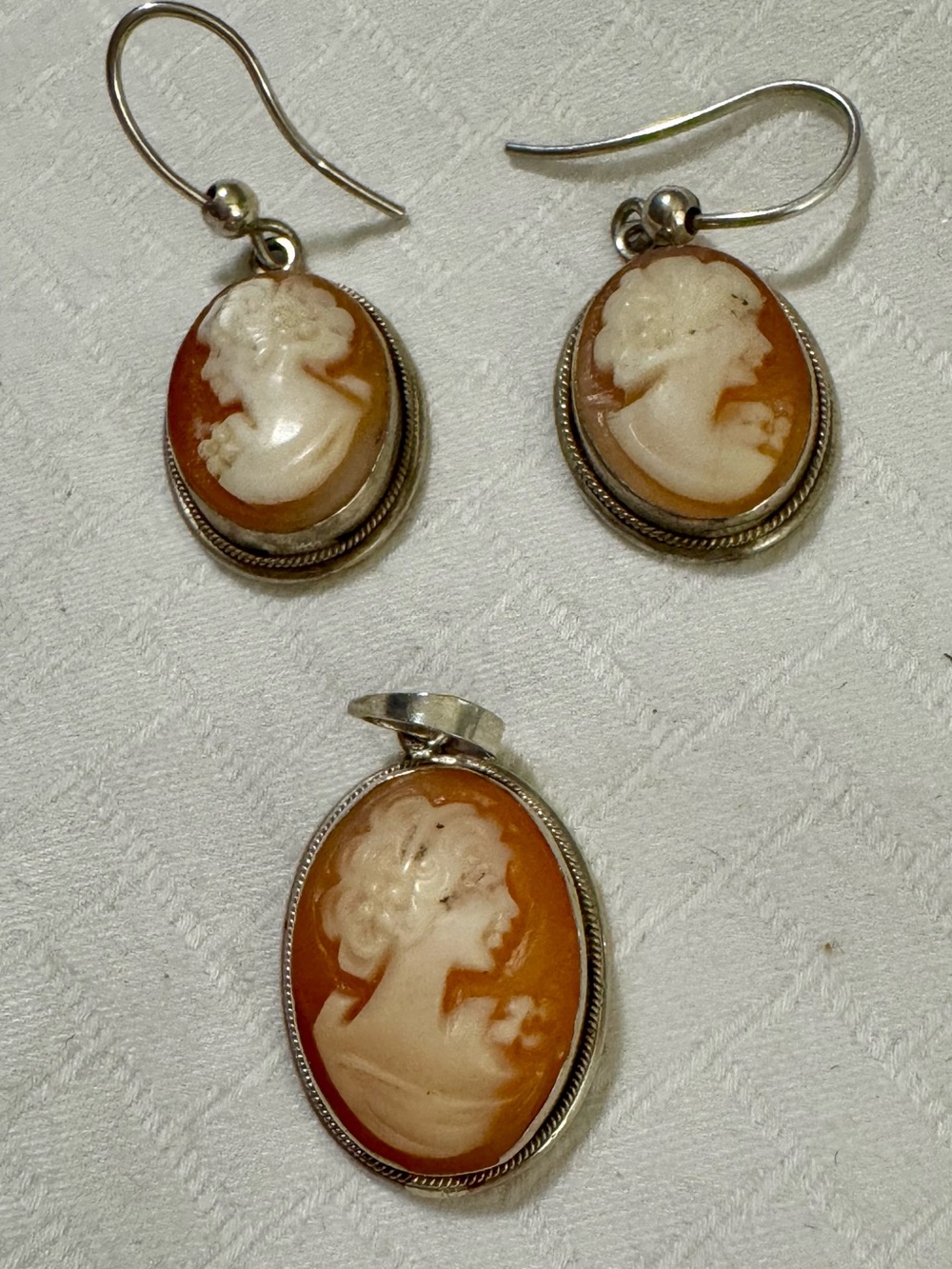 Vintage Cameo Pendant and Earrings Set - White on Brown Shell, Made in Italy